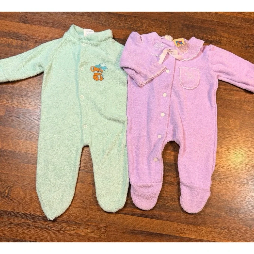 Vintage newborn terry cloth sleepers.  Lilac and mint green.